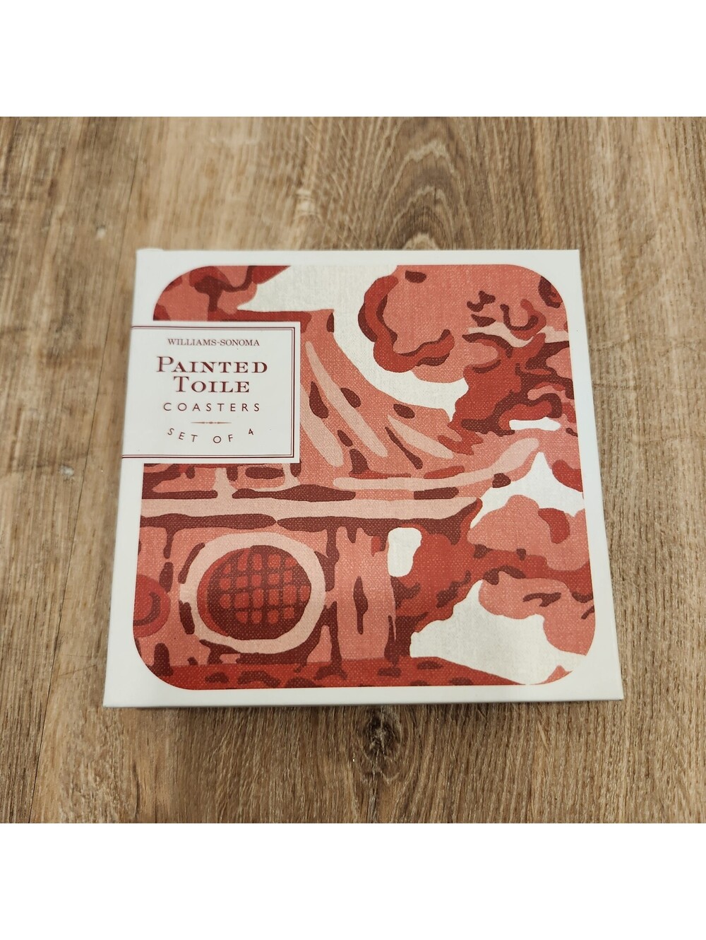 Set of 4 Williams Sonoma Coasters Painted Toile Cork Backed 4"  New Open Box